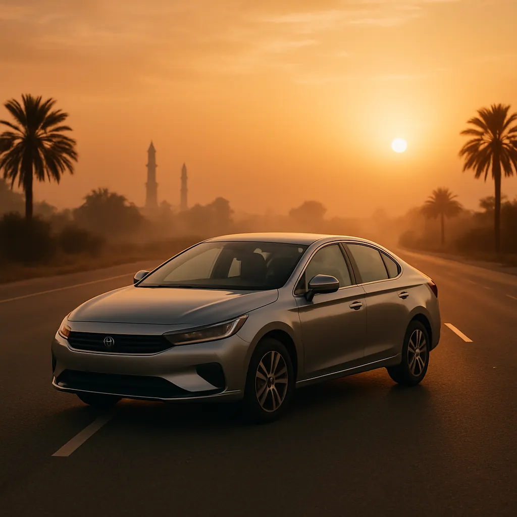 Car on an open road near Multan at sunset